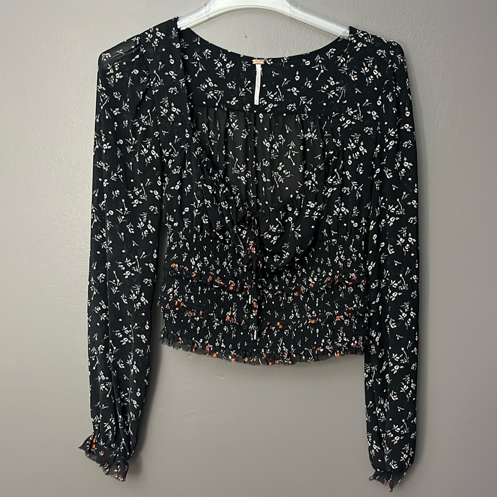 Free People Floral Printed Top Blouse - Black - Size XS